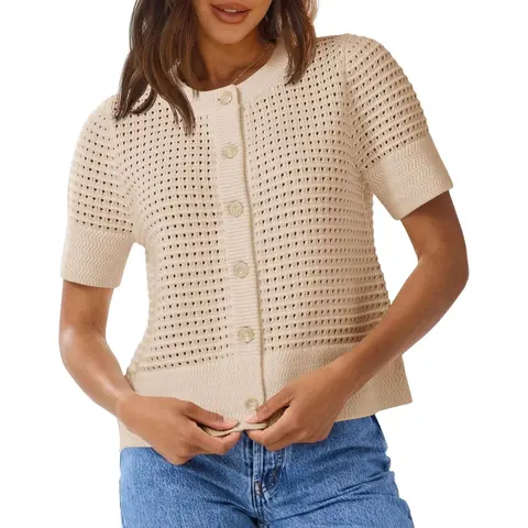 Saodimallsu Women's Fit Crochet Lined Boho Casual Acrylic Knit Cardigan - Lightweight Airy Fishnet Cotton Blend Fabric, Short Sleeve Button-Up Crew Neck Drop Shoulder Knitwear Top with Pockets, Work-to-Beach Wear