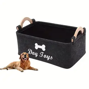 Dog Pattern Storage Basket with Wooden Handle, Square Felt Laundry Hamper, Home Organizer Bin, Closet Organizer, Durable Design for Daily Use