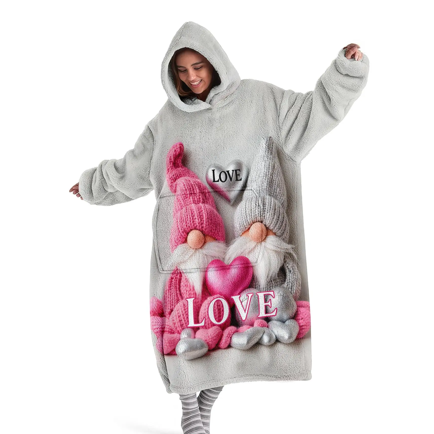 Hooded Blanket, Wearable Blanket, Women's Fleece-Lined Bathrobe,hat blanket, Fashionable Pajamas, Nightgown, Thickened Loungewear with Dwarf and LOVE Print, Perfect for Winter Homewear, Ideal as Gifts for Christmas or Valentine's Day
