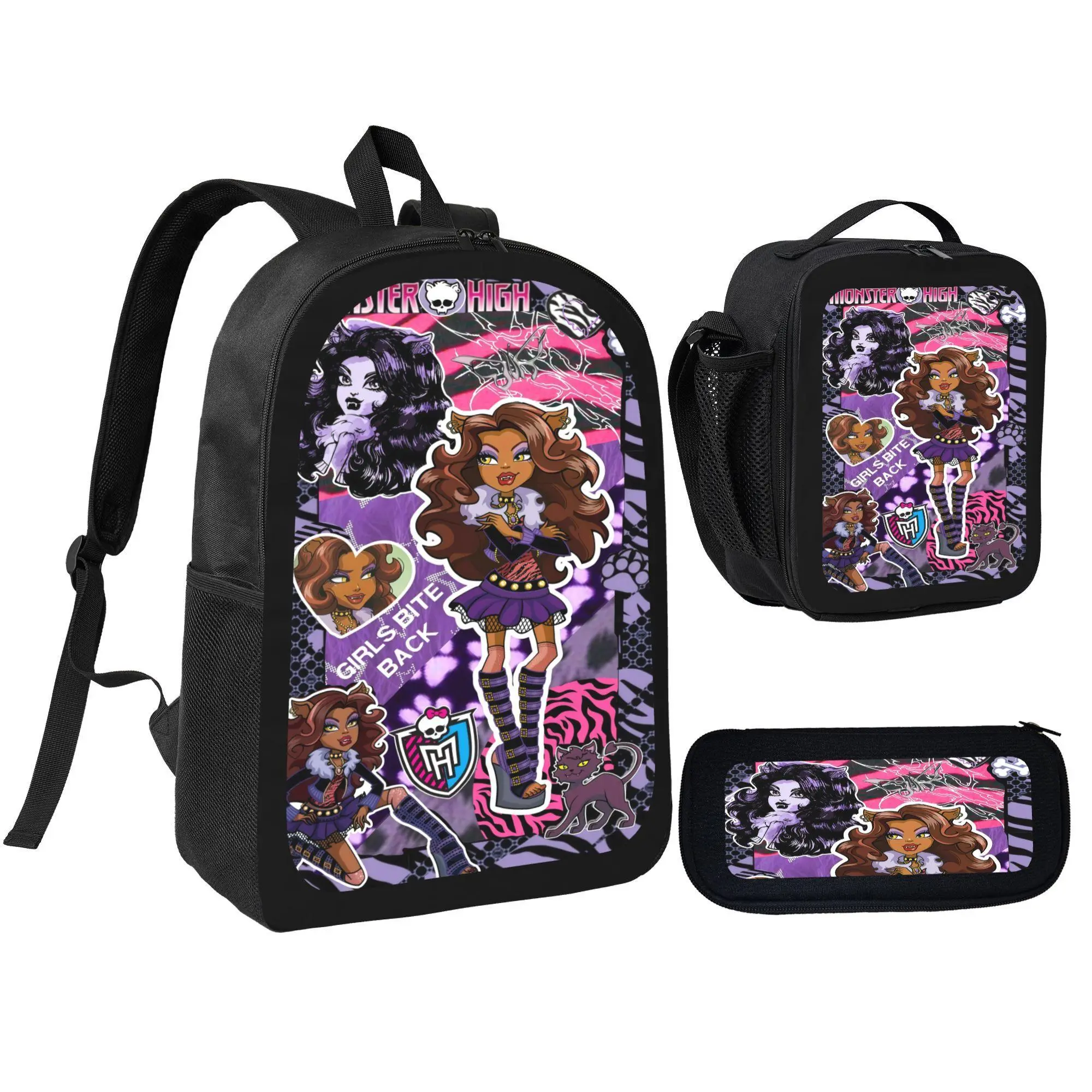 Monster High Graphic 3-in-1 Backpack Set - Compact Lightweight Fabric School Bag with Insulated Lunch Bag, Pencil Case, Adjustable Straps for Teens Back to School