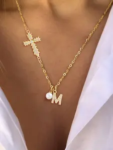 Women's Elegant Zircon Cross Initial Pendant Necklace, Stainless Steel Chain, Artificial Pearl Design, All Season Jewelry, Daily Wear Necklace