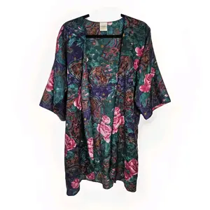 Vintage Floral Satin Robe XL Midi Robe Kimono Nightwear 90s NWT Missing BELT
