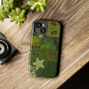 Green Patchwork Tough Phone Case, Vintage Botanical Collage Protective Cover for ip and ss, Earthy Aesthetic Nature Design, gift