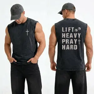 Lift Heavy Pray Hard Washed Tank Top, Gym Essential, Vintage Casual Crewneck Short Sleeves Menswear T-shirt Classic Cotton Fabric Streetwear