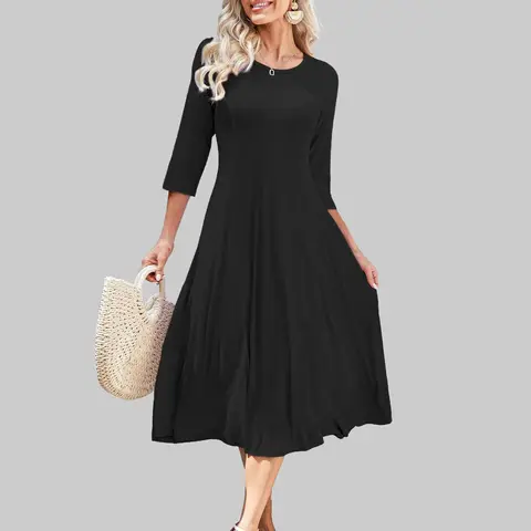 Women's 3/4 Sleeve Crew Neck A-Type Midi Dress - Soft Shape, Modest Chic, Casual Chic Minimalist, Casual-To-Elegant, Loose Fit, All-Seasons Basic, Daily Wear Essential
