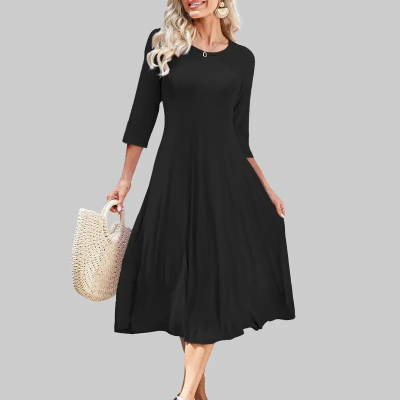 Women's 3/4 Sleeve Crew Neck A-Type Midi Dress - Soft Shape, Modest Chic, Casual Chic Minimalist, Casual-To-Elegant, Loose Fit, All-Seasons Basic, Daily Wear Essential