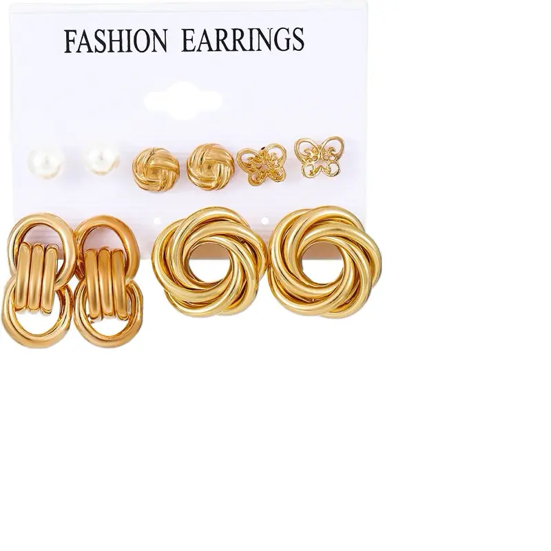 5 Pairs Gold Fashion Earring Set for Women – Pearl Studs, Knot Studs, Butterfly, Chunky Link Drops & Twisted Hoop Earrings – Trendy Costume Jewelry Set