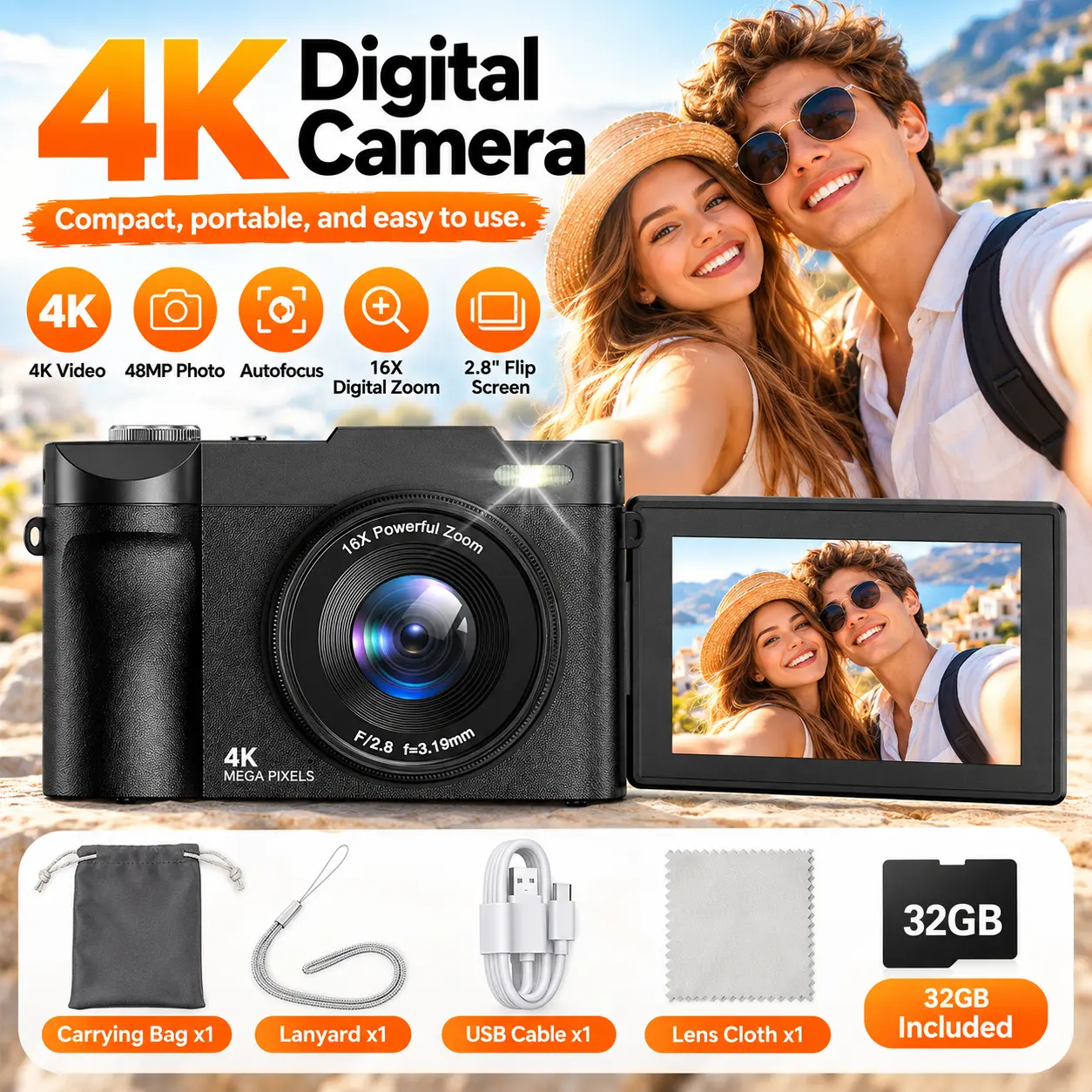 4K Digital Camera with 48MP Sensor, Autofocus, 180° Flip Screen, 16X Zoom Lens, 32GB Memory Card & Rechargeable Charging - Compact Point & Shoot Camera for Beginners