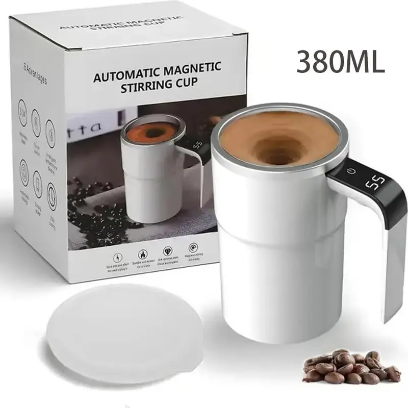 Rechargeable Self-Stirring Coffee Mug, Auto Magnetic Mixing, Temperature Display, 304 Stainless Steel, Double-Wall Insulated, Leak-Proof Travel Cup with Lid for Coffee, Milk, Protein Shakes