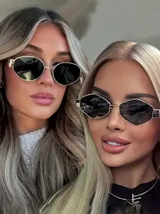 2Pcs Simple Style Diamond Oval Frame Fashion Glasses for Women Retro Classic Small Metal Frame Shades