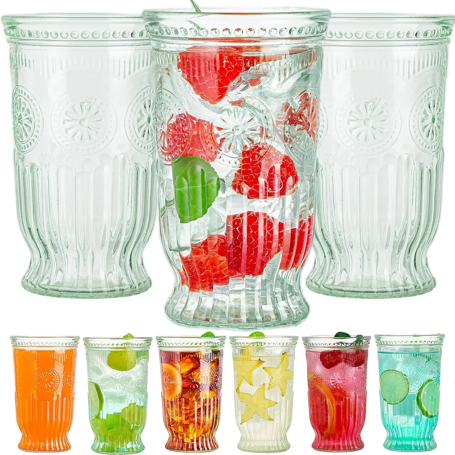Vintage Drinking Glasses, 6 pcs Romantic Glass Cups, 16oz Highball Glasses, Mojito Cups, Cocktail Glass, Tall Water Glass Tumblers, Vintage Glassware Set for Water, Juice, Cocktail, Whiskey