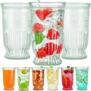 Vintage Drinking Glasses, 6 pcs Romantic Glass Cups, 16oz Highball Glasses, Mojito Cups, Cocktail Glass, Tall Water Glass Tumblers, Vintage Glassware Set for Water, Juice, Cocktail, Whiskey