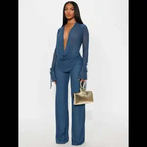 Women's deep V-neck shirt set, long sleeved crop top and high waisted pants, sexy solid color design, fashionable for autumn and winter