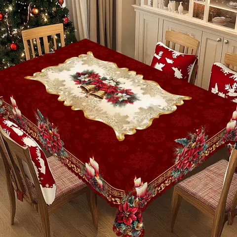 XEXSIN Red Christmas Bell & Poinsettia Flower Art Tablecloth - Rectangle/Round Covers, 4pcs Self-Adhesive Tabs, Party Decoration, Family Gathering Anniversary Birthday Home Festive Decor Accessory Gift