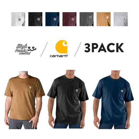 3 Pack CARHARTT K87 Men's Oversized Fit Heavyweight Short Sleeve Heavyweight Pocket T Shirt Casual Cotton Tee CARHARTT Plain Cotton Pocket Tee T Shirts Workwear Classic Hip Hop Harem Big Sizes (M to 3XL)