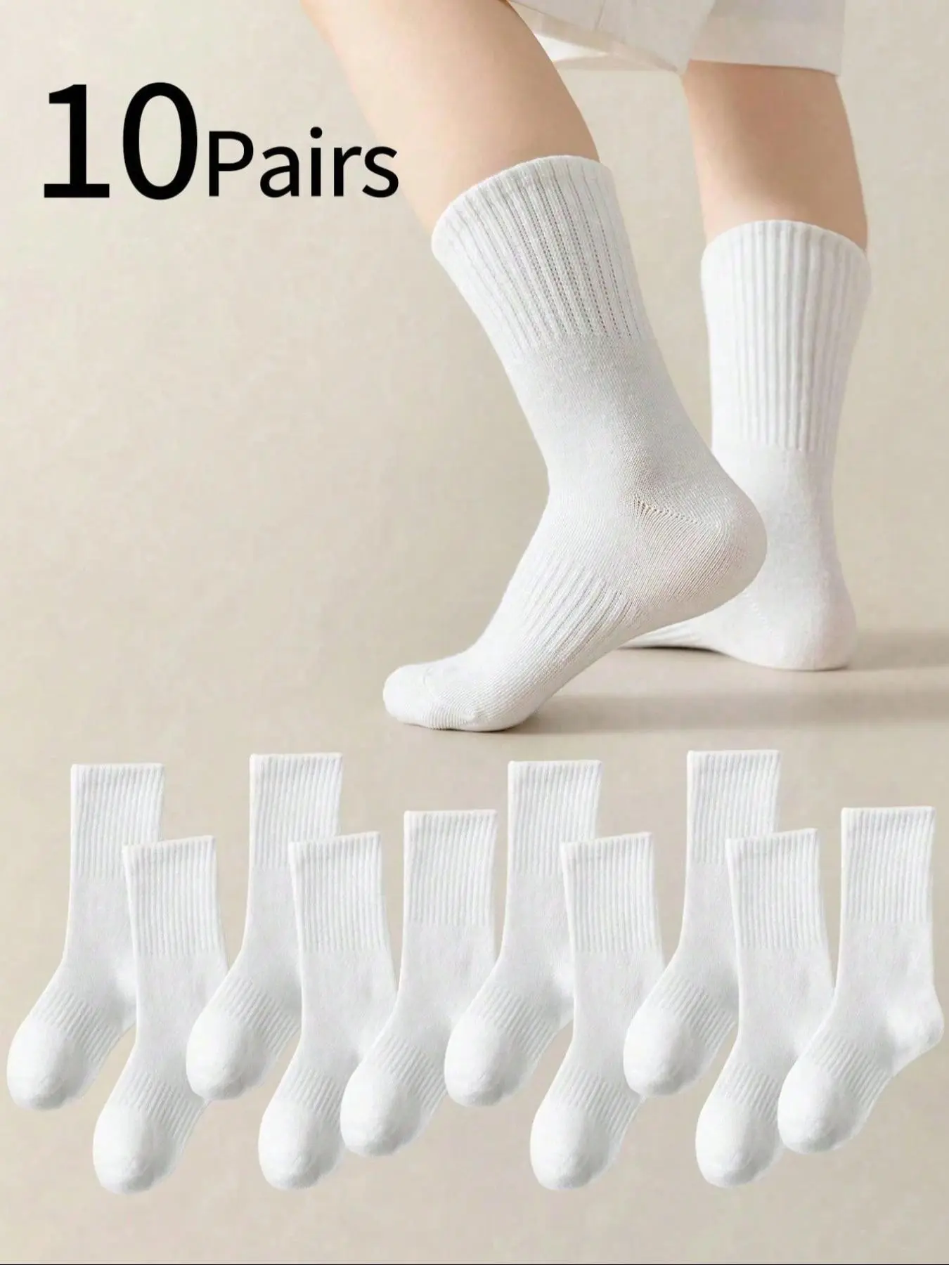 10 Pairs Student Socks, Autumn Winter Korean Style, Plain Mid-Calf, Breathable Sweat-Wicking, for Boys Girls Ages 1-12, Casual Stylish Socks, Clothing