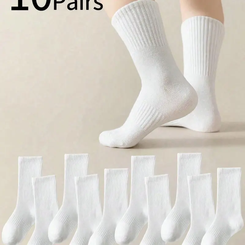 10 Pairs Student Socks, Autumn & Winter Korean Casual Style, Plain White Mid-Calf, Breathable Sweat-Wicking, for Boys & Girls Ages 1-12