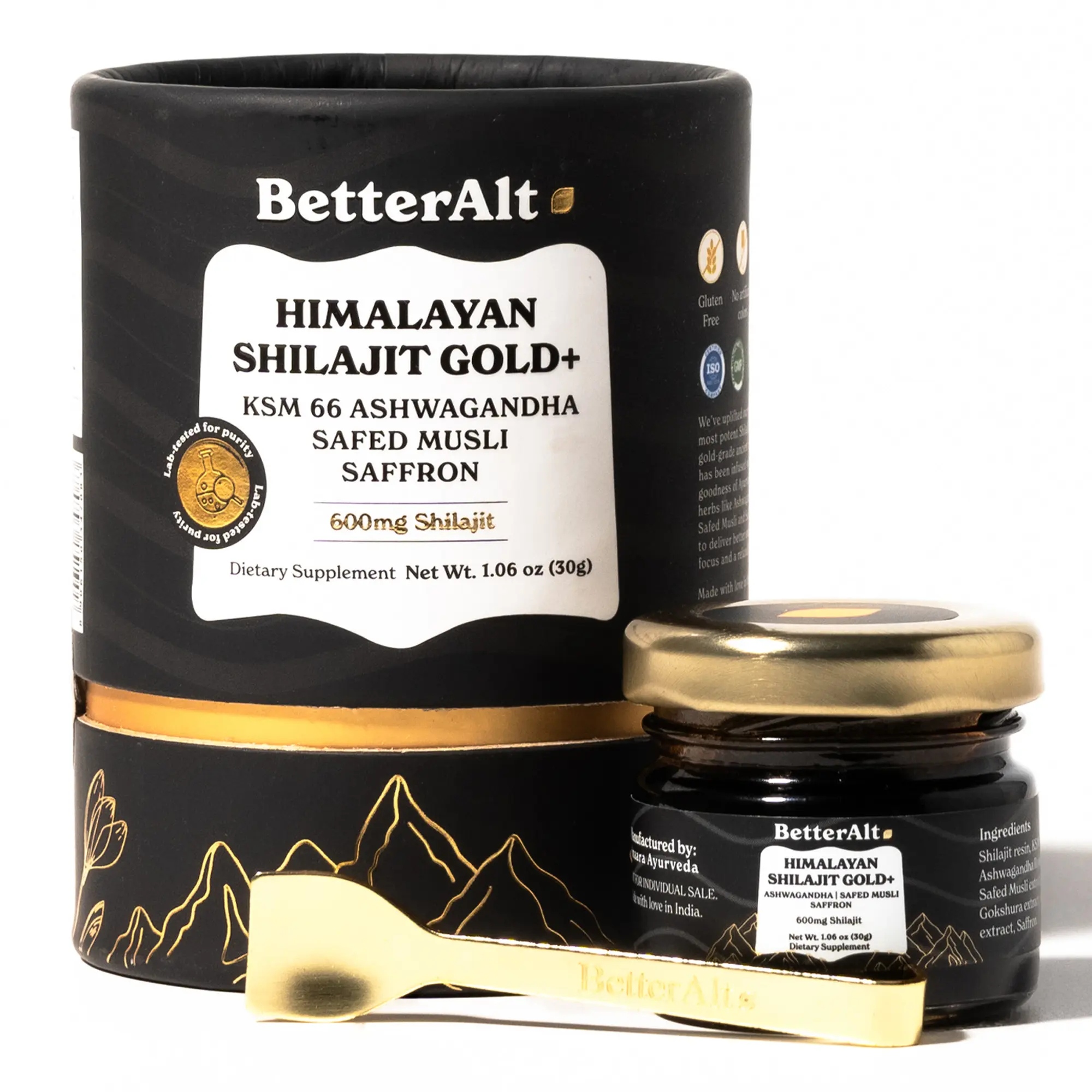 BetterAlt Himalayan GOLD+ Shilajit Resin with KSM-66 Ashwagandha | Lab-tested | Pre-Workout for Muscle Recovery, Gym Performance | 2-Month Pack