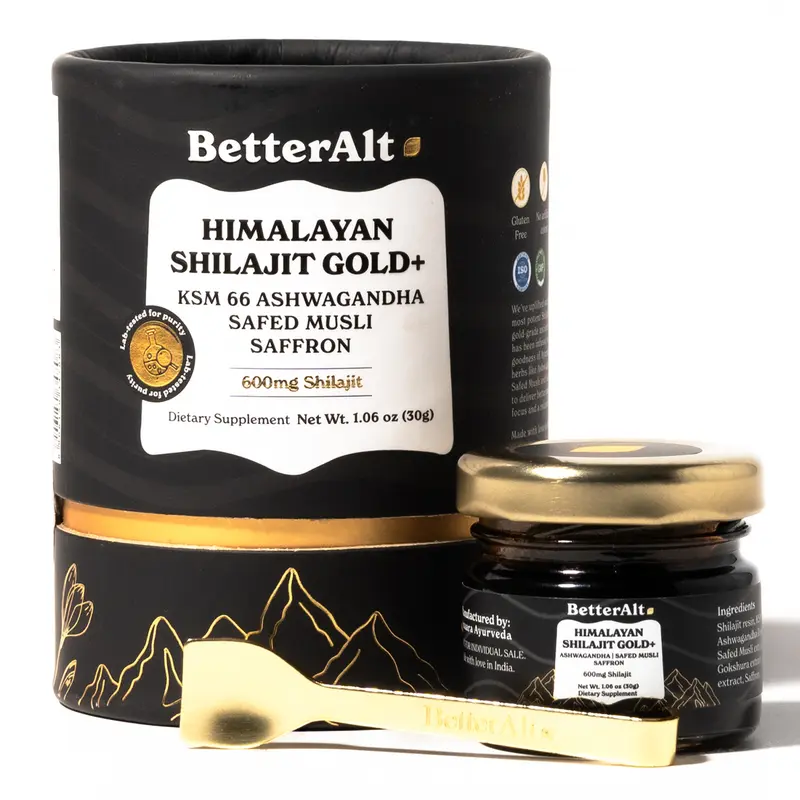 BetterAlt Himalayan GOLD+ Shilajit Resin with KSM-66 Ashwagandha | Lab-tested | Pre-Workout for Muscle Recovery, Gym Performance | 2-Month Pack