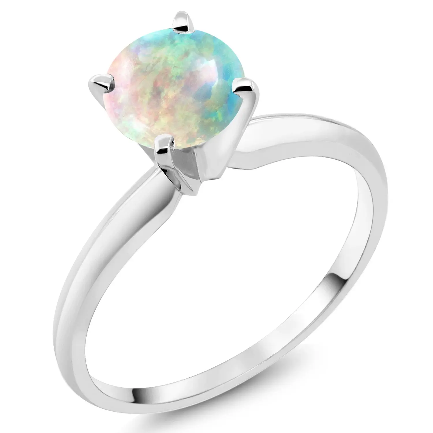 Gem Stone King 14K White Gold Women's Round Cut White Opal Solitaire Engagement Wedding Ring, 4-Prong Setting, 0.30 Cttw, 6MM, October Birthstone for Anniversary, Mother's Day, Thinking of You