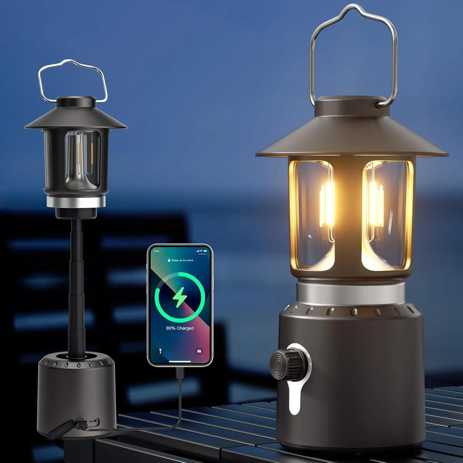 Camping Lantern Rechargeable, Telescopic 8000mAh Retro  Camping Light, Electric Lanterns for Power Outages,  Hurricane Lamp for Tent Outdoor Patio RV Fishing