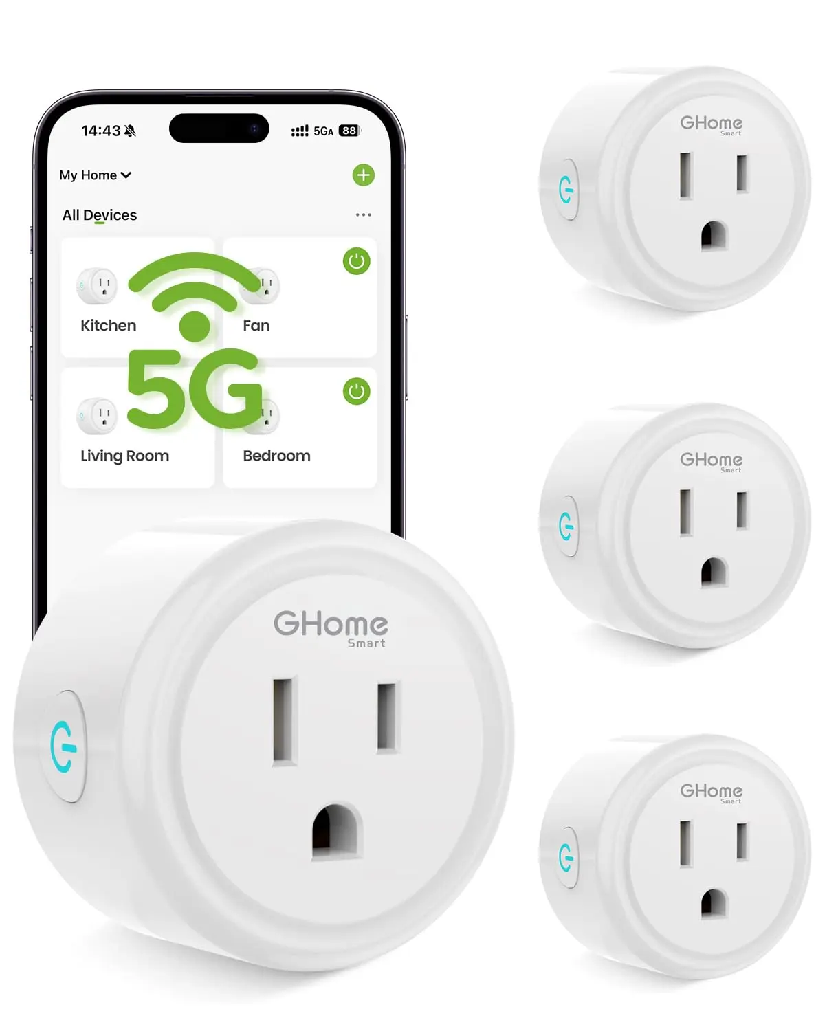 GHome Smart 5G 15A WiFi Smart Plug 4-Pack, 2.4GHz & 5GHz Wi-Fi Sockets with Outlet Timer, Remote Control, Alexa/Google Home Compatibility, ETL FCC Listed, White