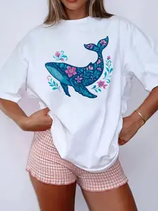 Plus Size - Plus Size - Plus Size Short Sleeve T-Shirt |   Whale And Marine Life Print (Whale Shark Turtles Jellyfish) - Soft Stretch -Like Fabric Relaxed Fit Casual Summer Beachwear All-Season Blue And Green Nautical Theme Top