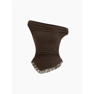 Cider Asymmetrical Neck Lace Trim Ruched Top