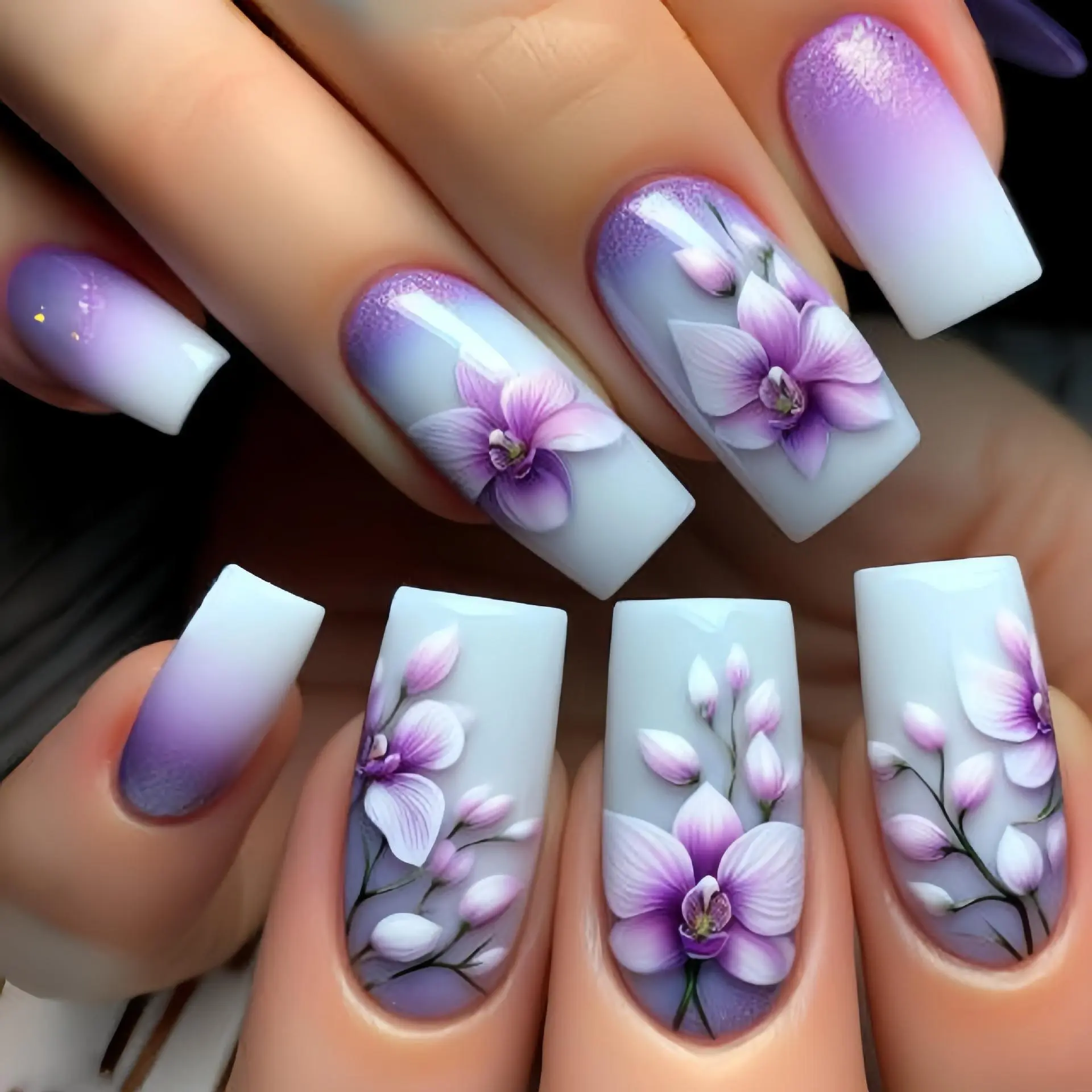 24Pcs Purple Gradient Ballet False Nails with Glue Glitter Sweet Flower Patterns Medium Square Press on Wearable Fake Nails Tips
