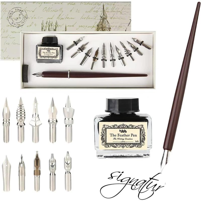 Calligraphy Set for Beginners Quill Pen and Ink Set Fancy Pens with Black Ink and 11 Nibs for Lettering,Drawing, Journaling, Signing, Invitation HO-Q-301