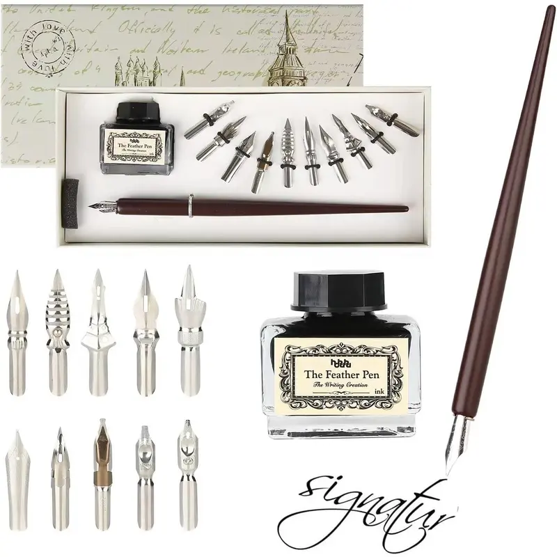 Calligraphy Set for Beginners Quill Pen and Ink Set Fancy Pens with Black Ink and 11 Nibs for Lettering,Drawing, Journaling, Signing, Invitation HO-Q-301