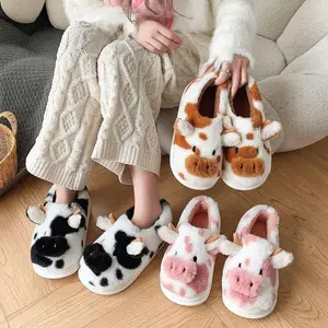 Cute Fluffy Fuzzy slippers Animal Plush Cow Home Slides Ladies Winter Indoor Flats Warm Slippers(Sheets)