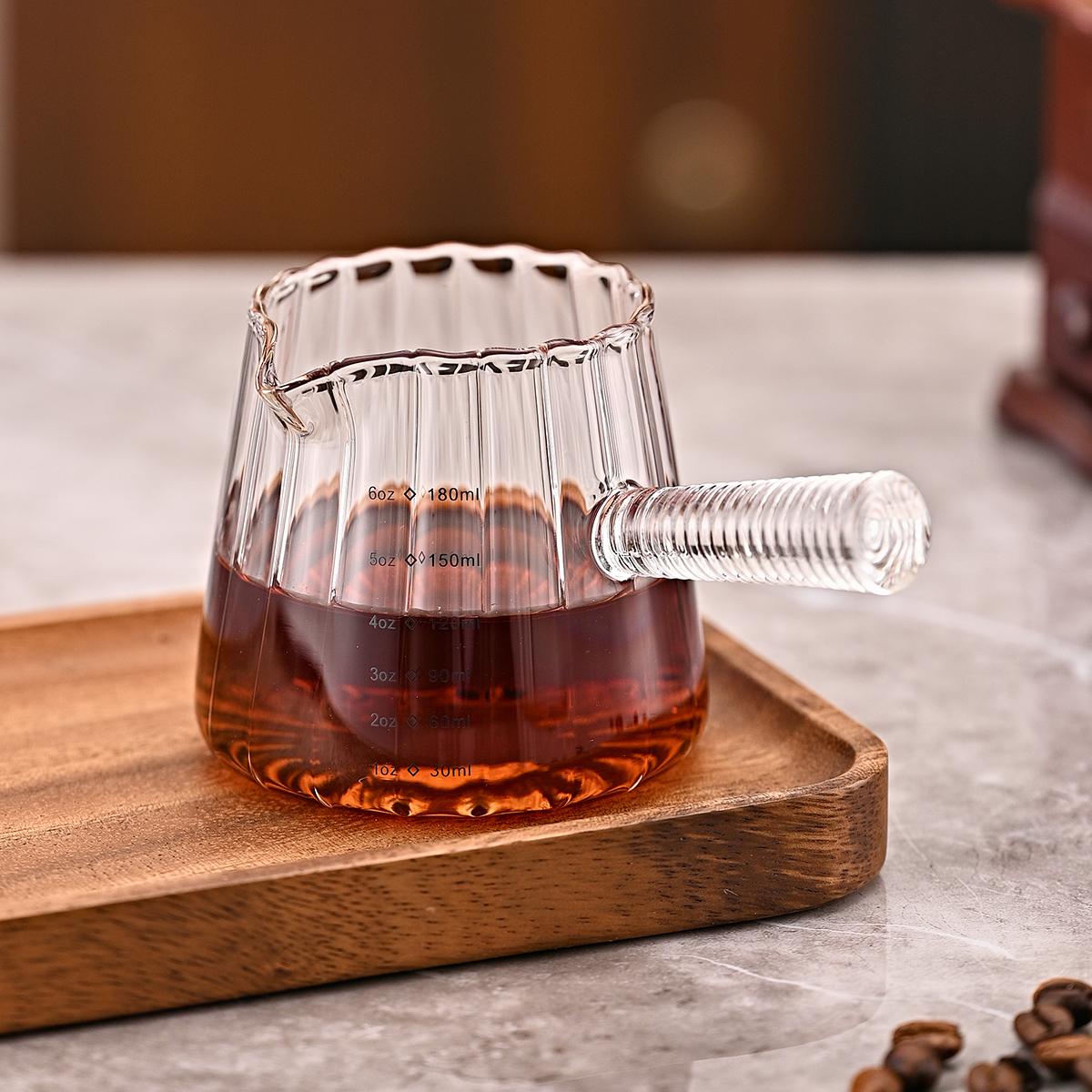 6 oz Glass Measuring Cups with Spout,Borosilicate Glass Triple Pitcher with Scale,Origami Style Espresso Shot Glasses with Wood Handle for Coffee Milk,Dishwasher Safe