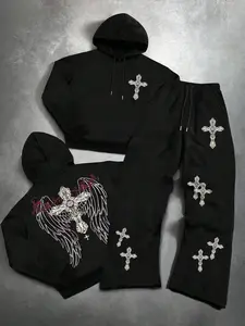 Men's Fall Winter Sports Set Hoodie Sweatpants Two-Piece Cross Wing Print Street Dance Fashion Casual Unique Outdoor Gym Hip Hop Style Streetwear Tracksuit Set