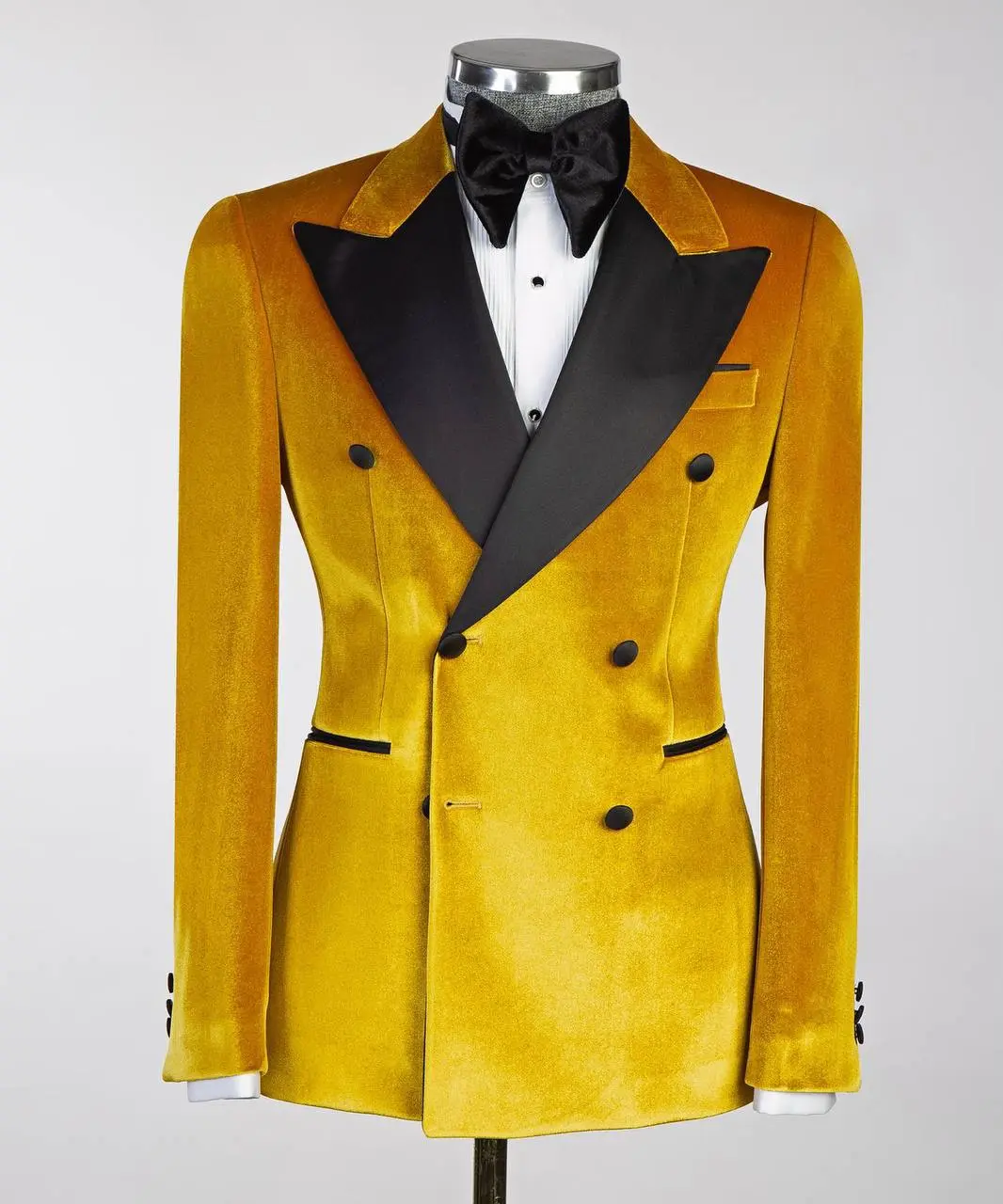Men's Slim Fit Velvet Tuxedo in Golden Yellow, 2-Piece Formal Wear Suit with Satin Peak Lapel Jacket and Trousers, Menswear, Fabric