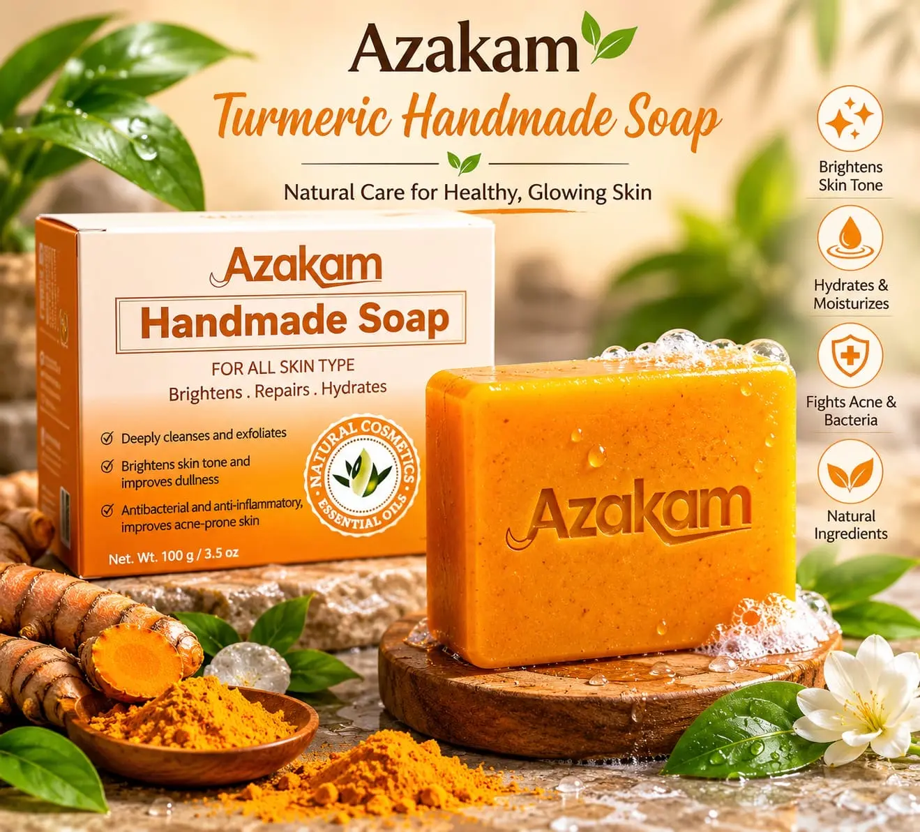 PACK OF 3 AZAKAM TURMERIC KOJIC ACID SOAP. Perfect for daily use and suitable for all skin types.  Leaves skin soft & refreshed. Glow confidently with Turmeric Soap.
