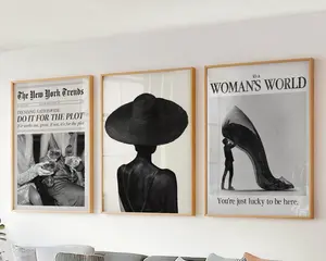 Set of 3 Black Art Prints - Modern Wall Art Set - Black and White Girly Decor - Newspaper Trendy Preppy Style for Apartments or Gift