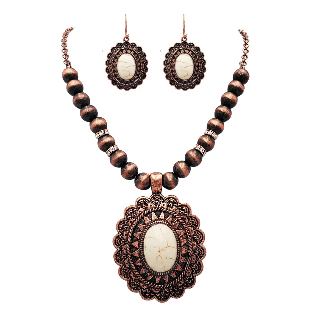 Women's Cowgirl Chic Western Style Statement Concho Howlite Stone Pendant Necklace Earrings Set, 18"+ 3" Extender