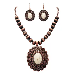 Women's Cowgirl Chic Western Style Statement Concho Howlite Stone Pendant Necklace Earrings Set, 18"+ 3" Extender