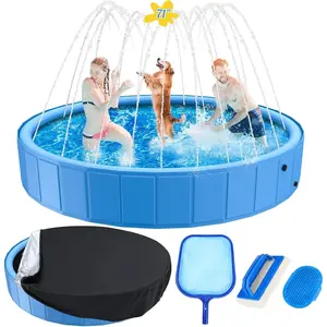 Foldable 71in Large Sprinkler Dog Pool with Cover, Heavy Duty Splash Pad Sprinkler Bathtub for Large Medium Small Pets Summer Outdoor Water Playing