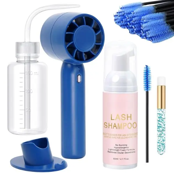Halloween Gift Lash Shampoo Kit, Lash Cleaning Kit with Rechargeable Fan Dryer/Brush/Rinse Bottle, Oil-free Cleanser Wash for Extensions & Clusters & Natural Lashes
