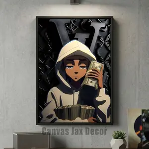 Boondocks & Money-Themed Canvas Art Print Black Cartoon Theme Poster for Living Room & Bedroom High-Quality Boutique Poster Suitable for Dorms and Bedrooms