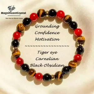Triple Protection Bracelet, Carnelian Tiger Eye Black Tourmaline Stretch Stone Jewelry, Abundance & Prosperity