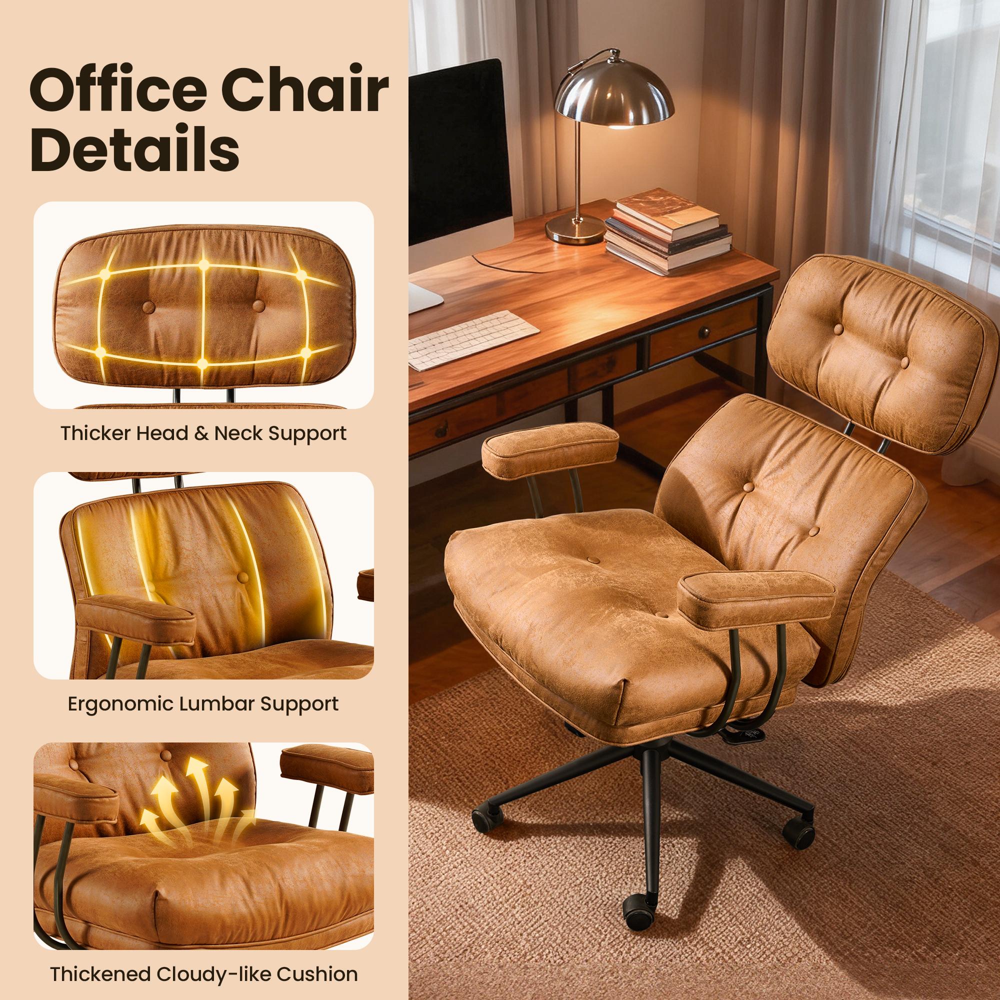 OOSWIFT Ergonomic Home Office Chair, Mid-Century Modern Faux Leather Chairs with Thickened Cushions, Comfy High Back Swivel Rolling Executive Computer Armchair