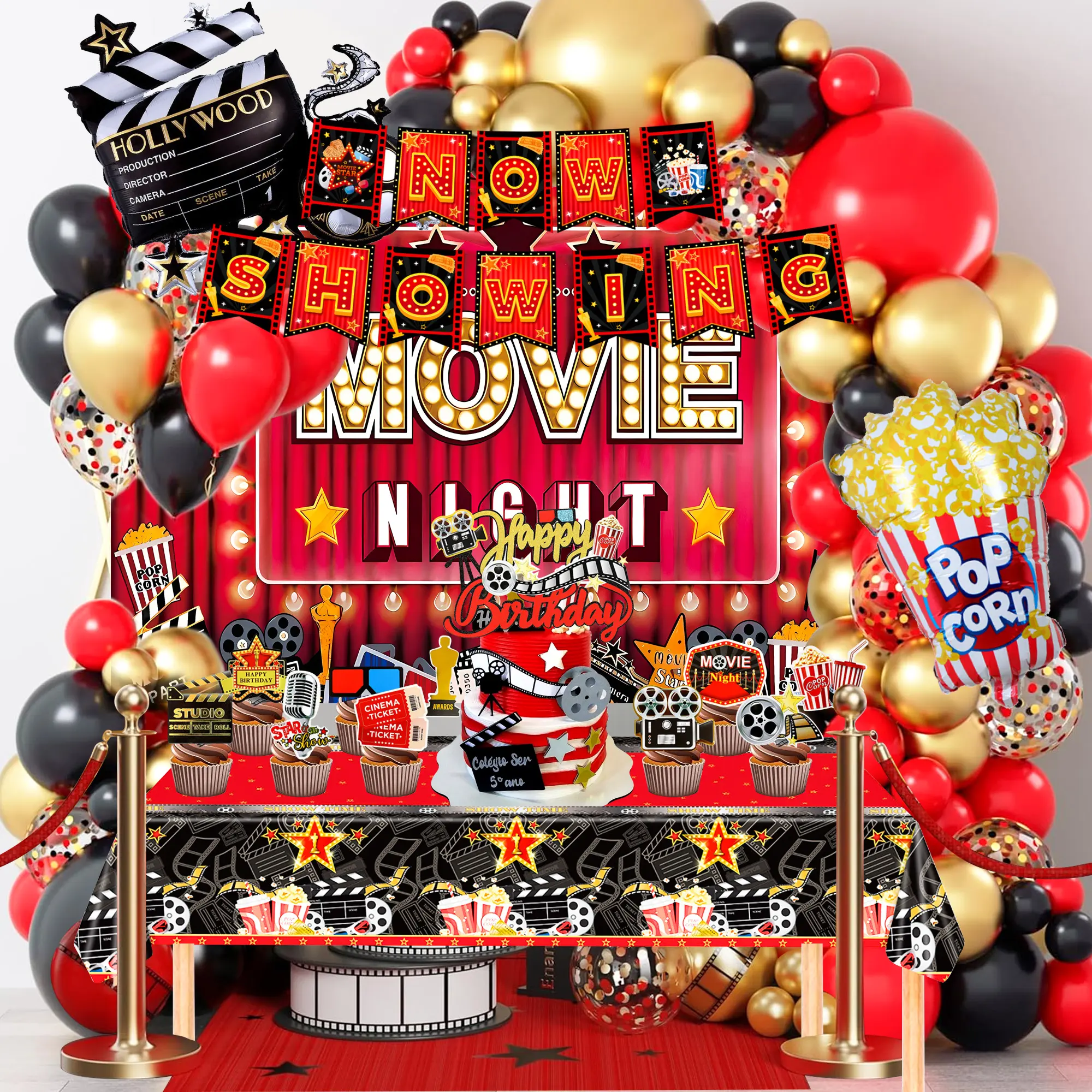 Movie Night Party Decorations, 84 Pcs Movie Night Party Supplies - Movie Night Party Balloons Backdrop Tablecloth & Movie Night Happy Birthday Banner etc Movie Night Birthday Party Decorations