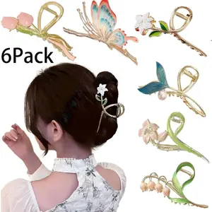 6pcs Fashionable Ladies Hairclip Set with Glittering Design, Butterfly and Flower Motifs, Mermaid Clips, Perfect for Thick Hair, Women'S Large Non-Slip Strong Metal Hair Clips, Sparkly Jaw Claws for Thick Hair, Valentine'S Day Birthday Gift tiktokshopspri
