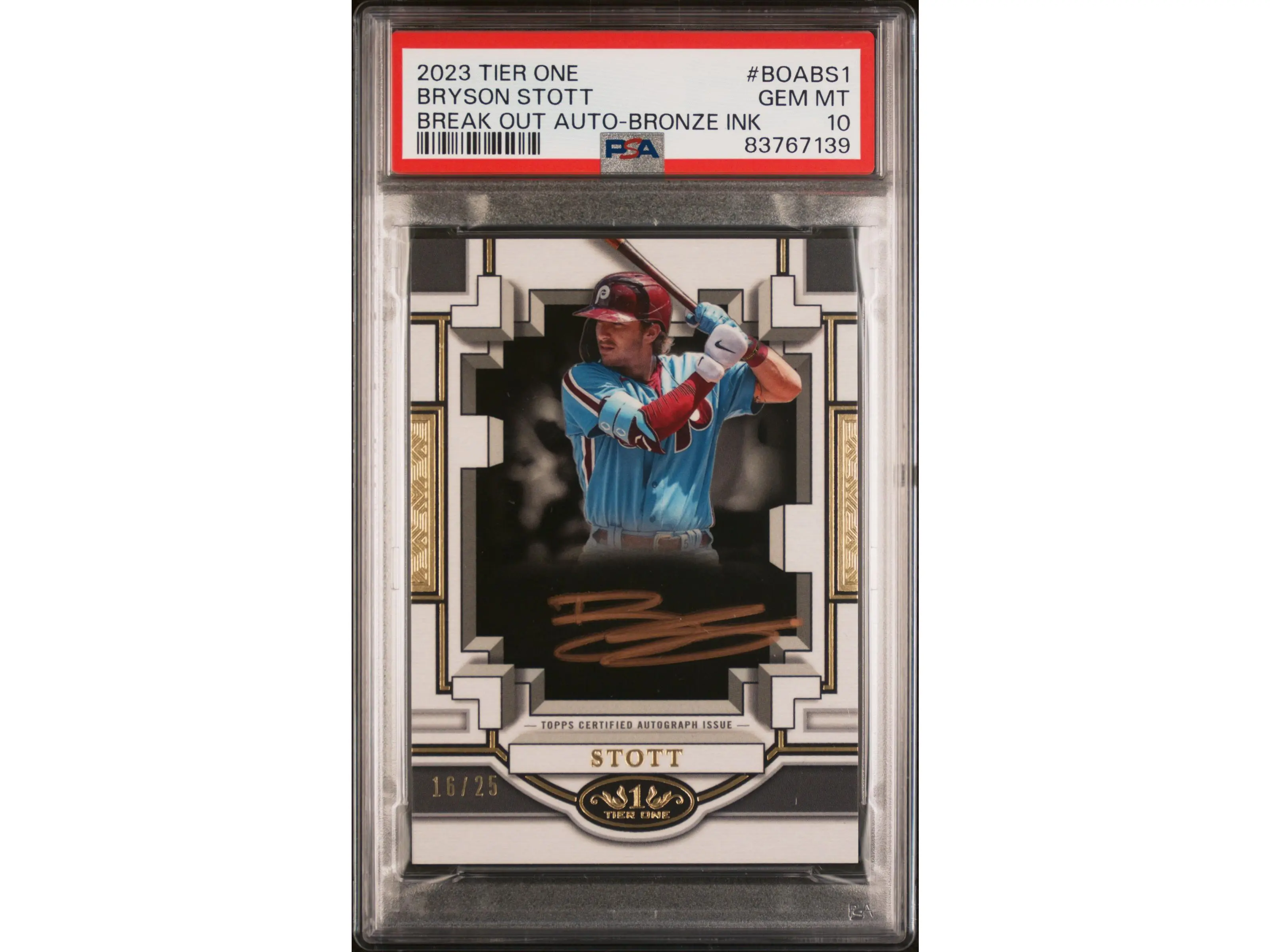 2023 Topps Tier One Break Out Autographs Bronze Ink Bryson Stott #BOABS1 /25 PSA 10