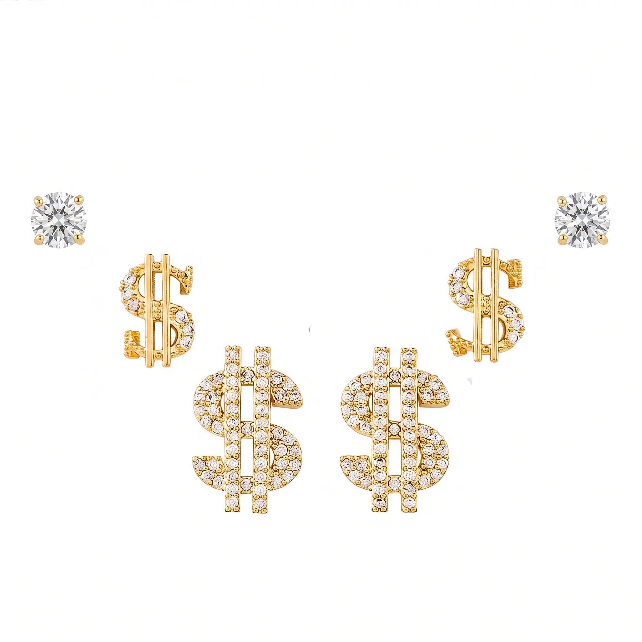 14K Gold Plated 3 Pairs Iced Out Gold Dollar Sign Stud Earrings Set, Unisex Hip Hop Cubic Zirconia Ear Studs for Men Women Daily Party Jewelry