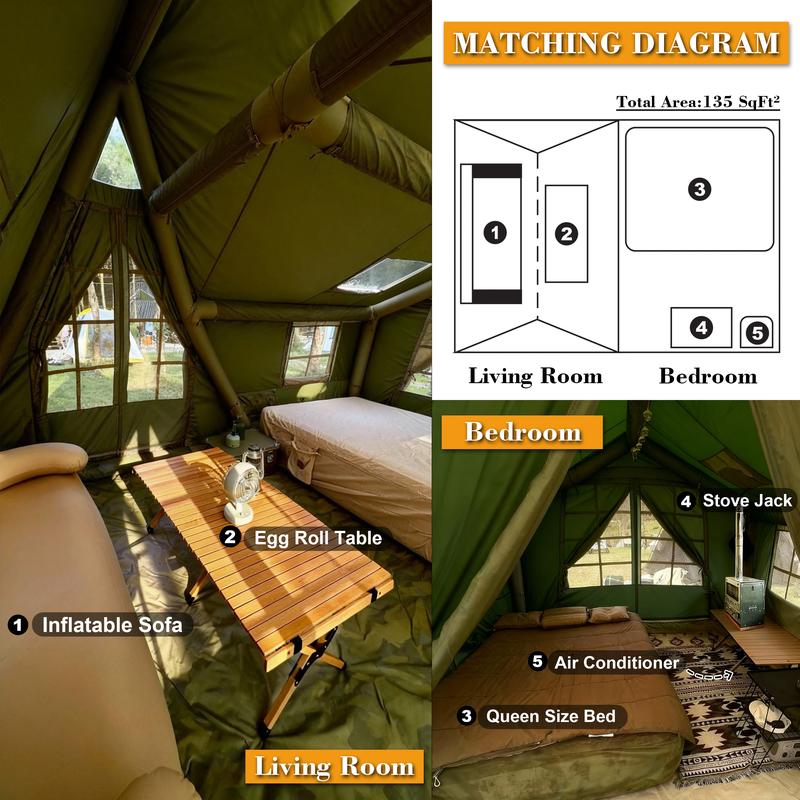 SENLEETO 4-Season Inflatable Family Tent AC Ready with Stove Jack Windproof Oxford Fabric Camping Pump for 8-10 People Spacious Two-Room Layout Foldable Electric Scooter Seat and Storage Stadium Back Support Port Heavy Duty Double Layer Cot Chair Cooler B