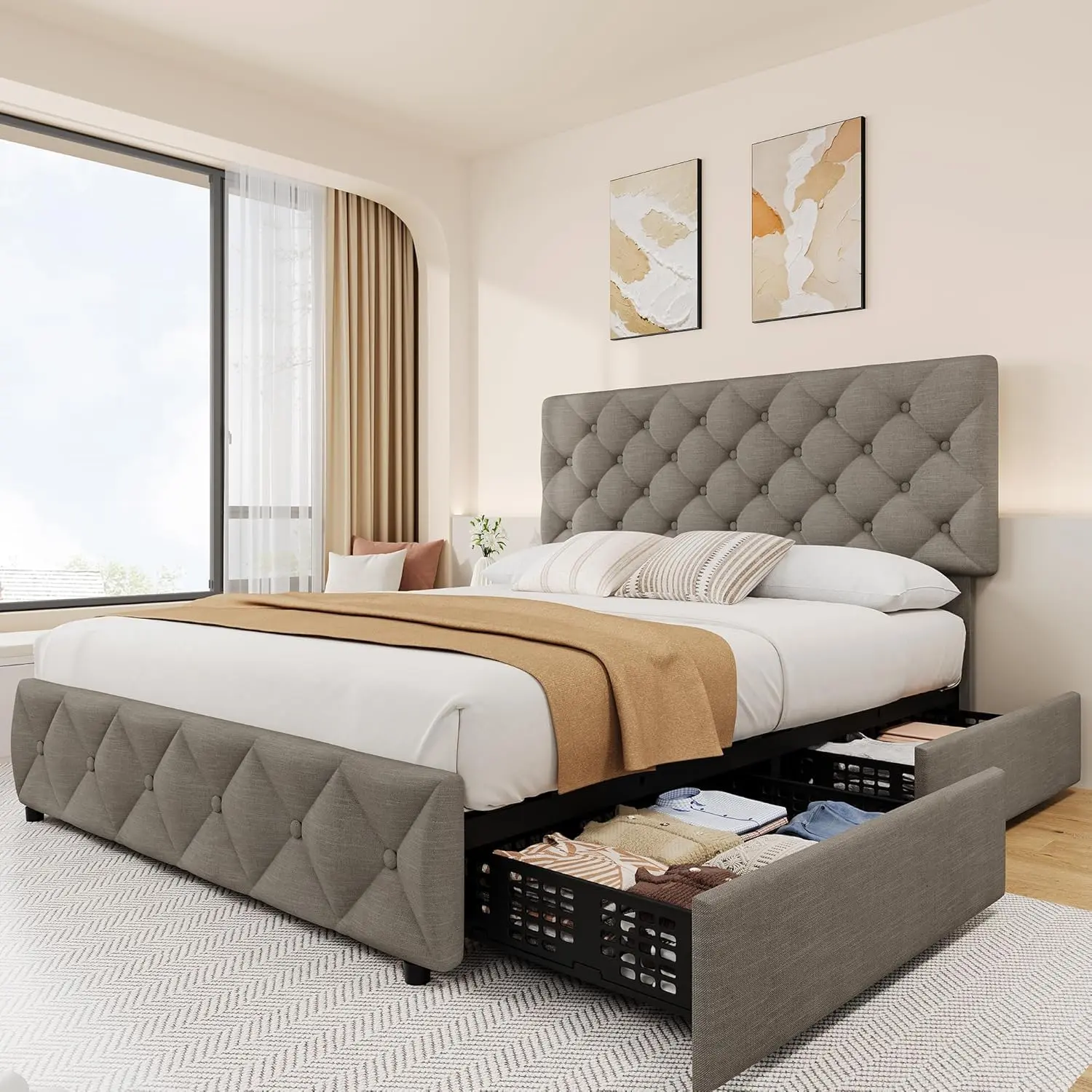 Light Gray Linen Upholstered Full Size Modern Platform Bed Frame with 4 Storage Drawers, Button Tufted Design and Adjustable Height Headboard